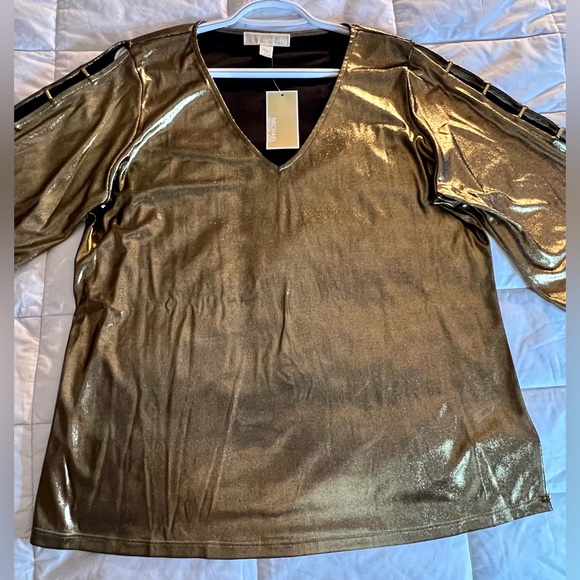 NWT MICHAEL Michael Kors gold shimmering blouse with black lining. Very pretty! - Picture 5 of 10